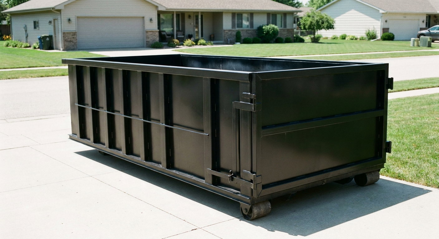 Matte-black 10-yard roll-off dumpster on a residential concrete driveway in Tucson, uniformly painted matte black across every panel and rail, ribbed steel sidewalls and rear swing door visible, mid-day daylight.
