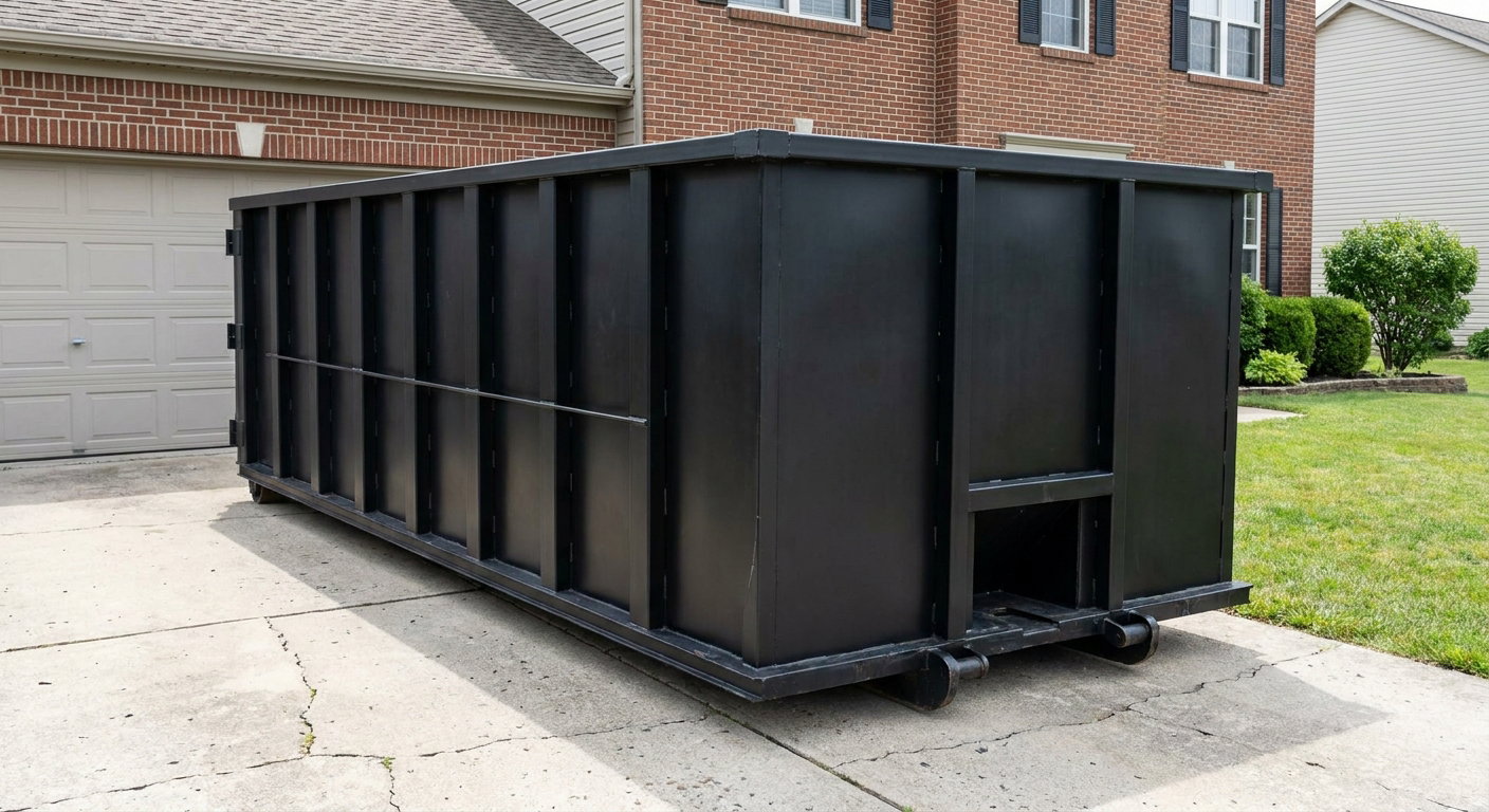 Matte-black 20-yard roll-off container on a Tucson residential concrete driveway with reinforced ribbed steel sidewalls and a hinged rear walk-in door, clean bright daylight.