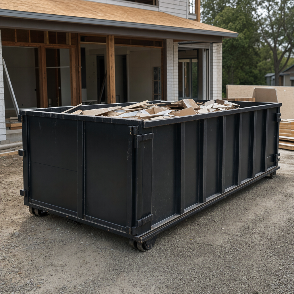 Large matte-black 30-yard construction roll-off dumpster at an active Tucson jobsite, steel-gray top rails and bottom rollers visible, loaded with construction debris.
