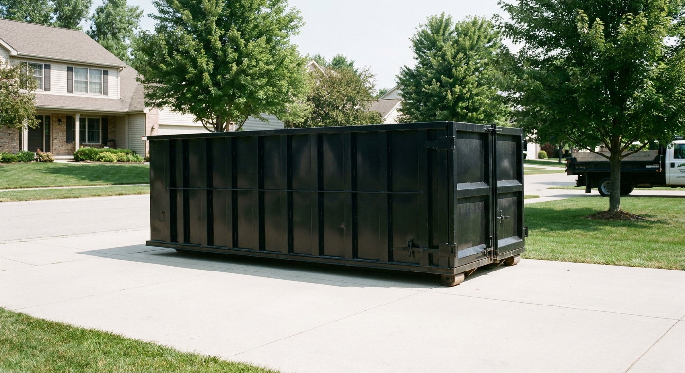 Matte-black 20-yard roll-off dumpster sitting level on a clean Tucson residential concrete driveway under bright daylight, demonstrating clean placement directly on the concrete.