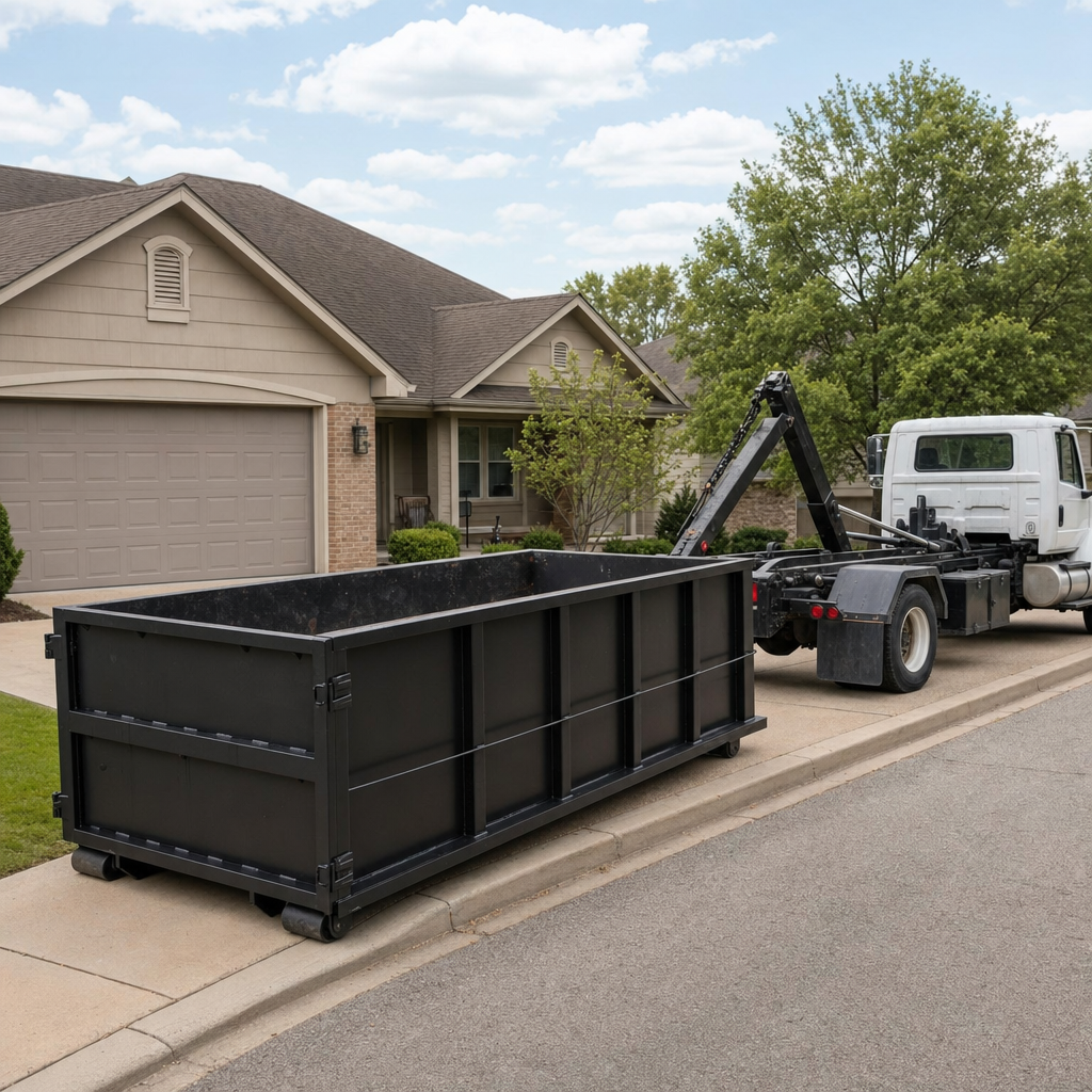 Wide documentary shot of a matte-black roll-off dumpster on a Tucson residential driveway in the foreground and a contractor jobsite container in the soft-focus background, bright daylight, calm and orderly composition.